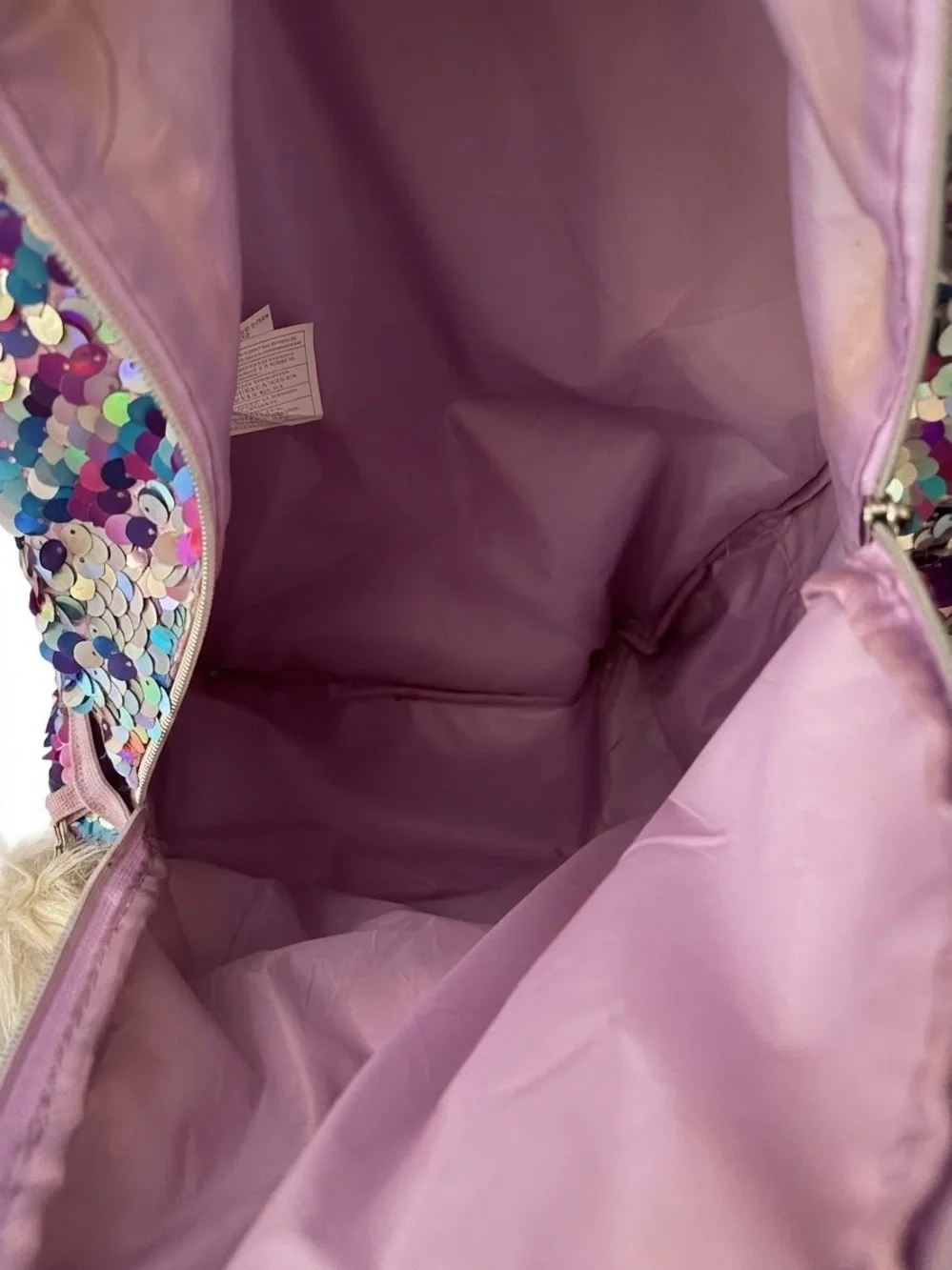 Justice Iridescent Sequin Backpack - Lavender, Teal, Pink, initial “N”